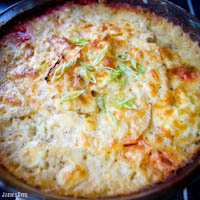 Potatoes and beets au gratin with pepper jack cheese and corn meal